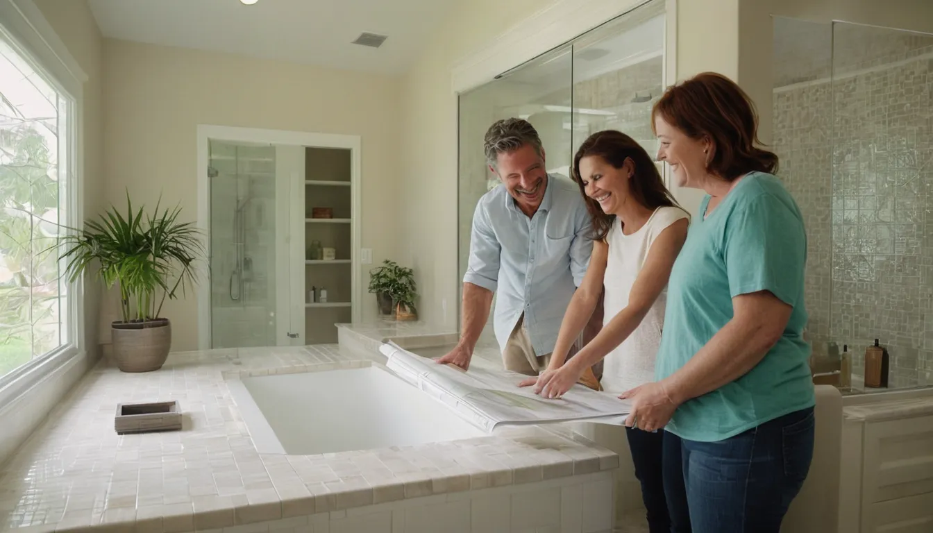 Homeowners in Orlando reviewing a bathroom remodel plan with a local provider